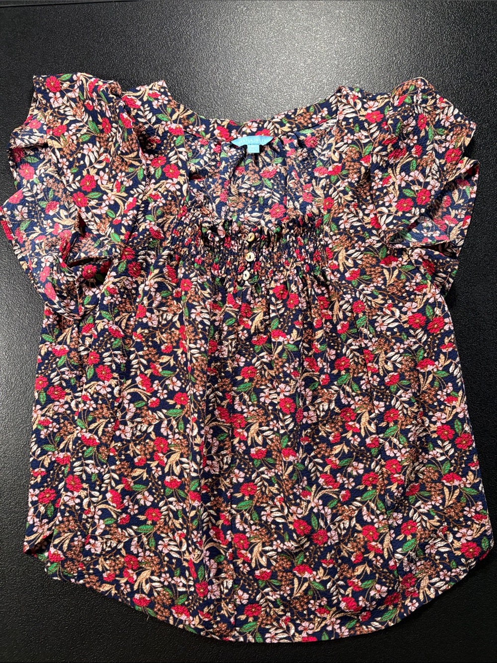 Draper James Floral Smocked Ruffle Blouse Women’s XL Navy Cottagecore